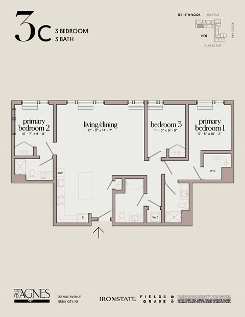 Floor plan for 3 beds, 3 baths, 1334 sqft